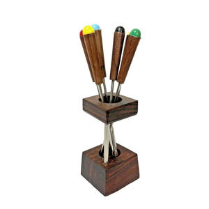 Vintage Mid Century Cocktail Picks & Holder Tiki Wood Multi Color Tips Retro Bar